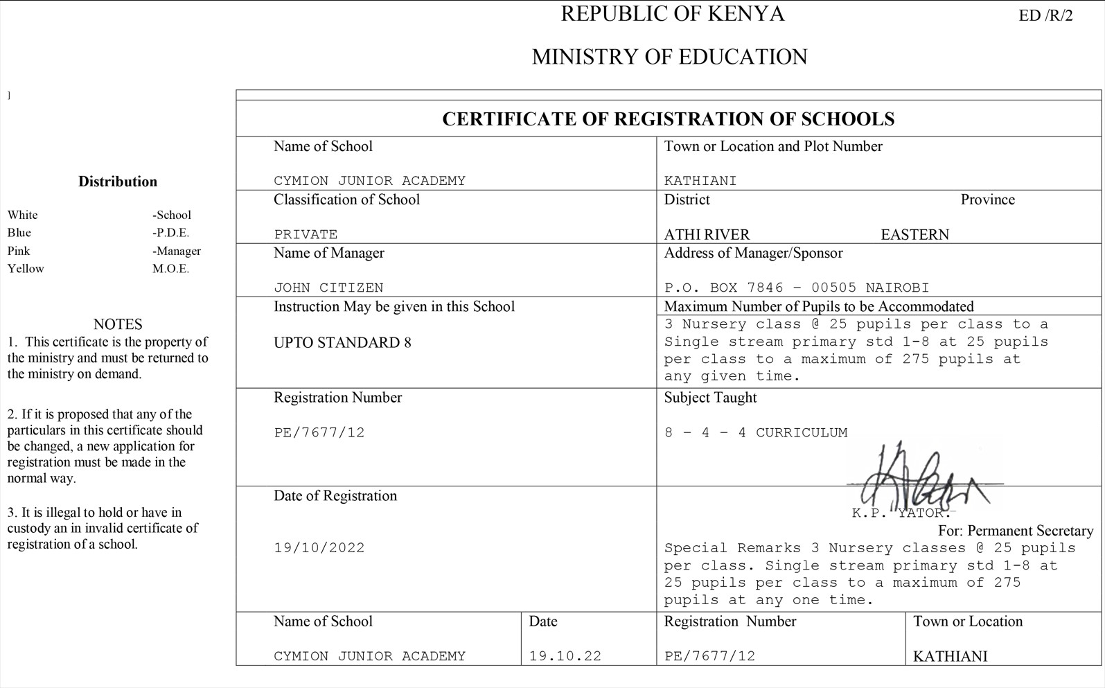 Kenya certificate of registration of schools